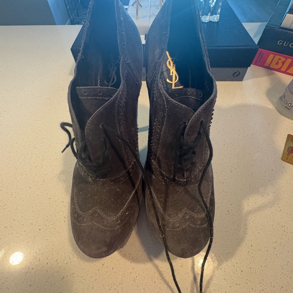 YSL Gray Suede Lace-Up Boots